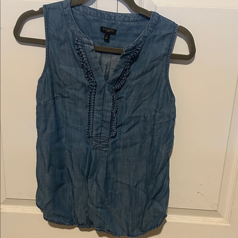 Talbots Denim Blue Ruffle Trim Blouse